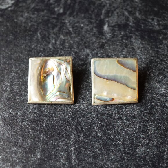 Vintage Taxco Sterling Silver Abalone Square Clip-On Earrings 1970s - Picture 2 of 5